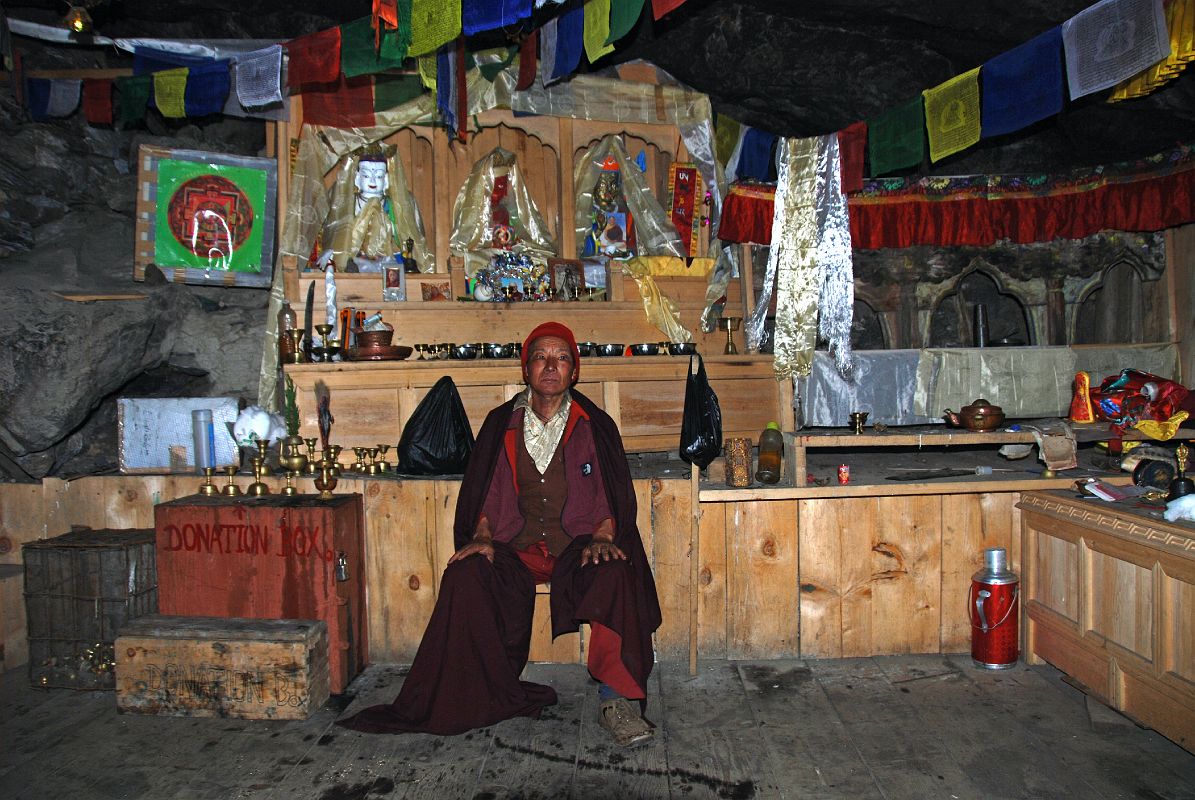 14 05 Lone Monk In  Gompa Near Tangnag With Statues Of Avalokiteshvara, Amitabha, Padmasambhava Above The Altar